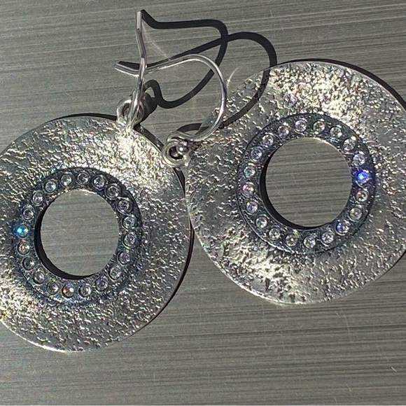 Silpada Sterling Silver CZ Circle Textured Dangle Earrings - Picture 12 of 12